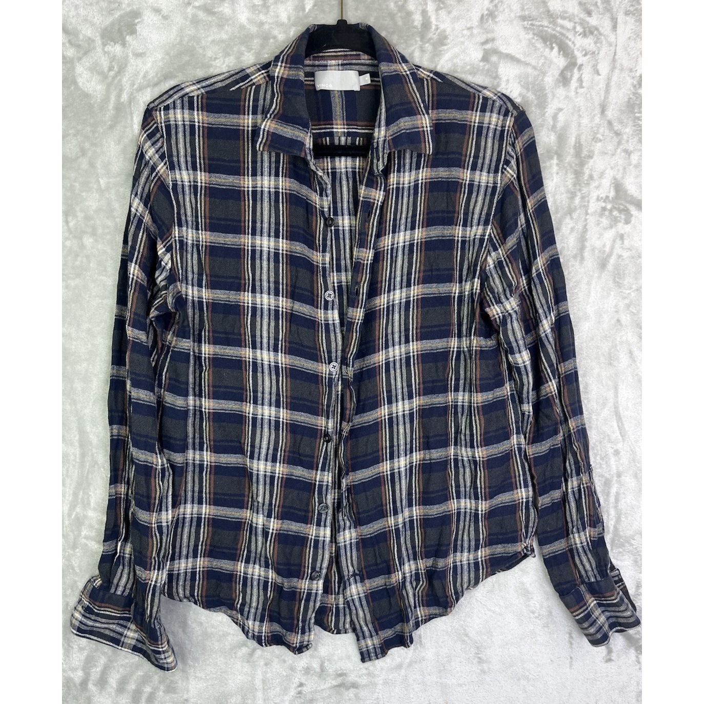 Vince Mens M Blue Grey Plaid Flannel Button-Up Western Long Sleeve Shirt